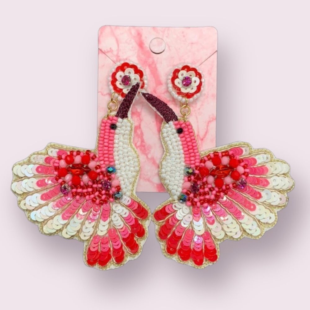 Pink Hummingbird Sequin & Seed Beaded Statement Post Earrings